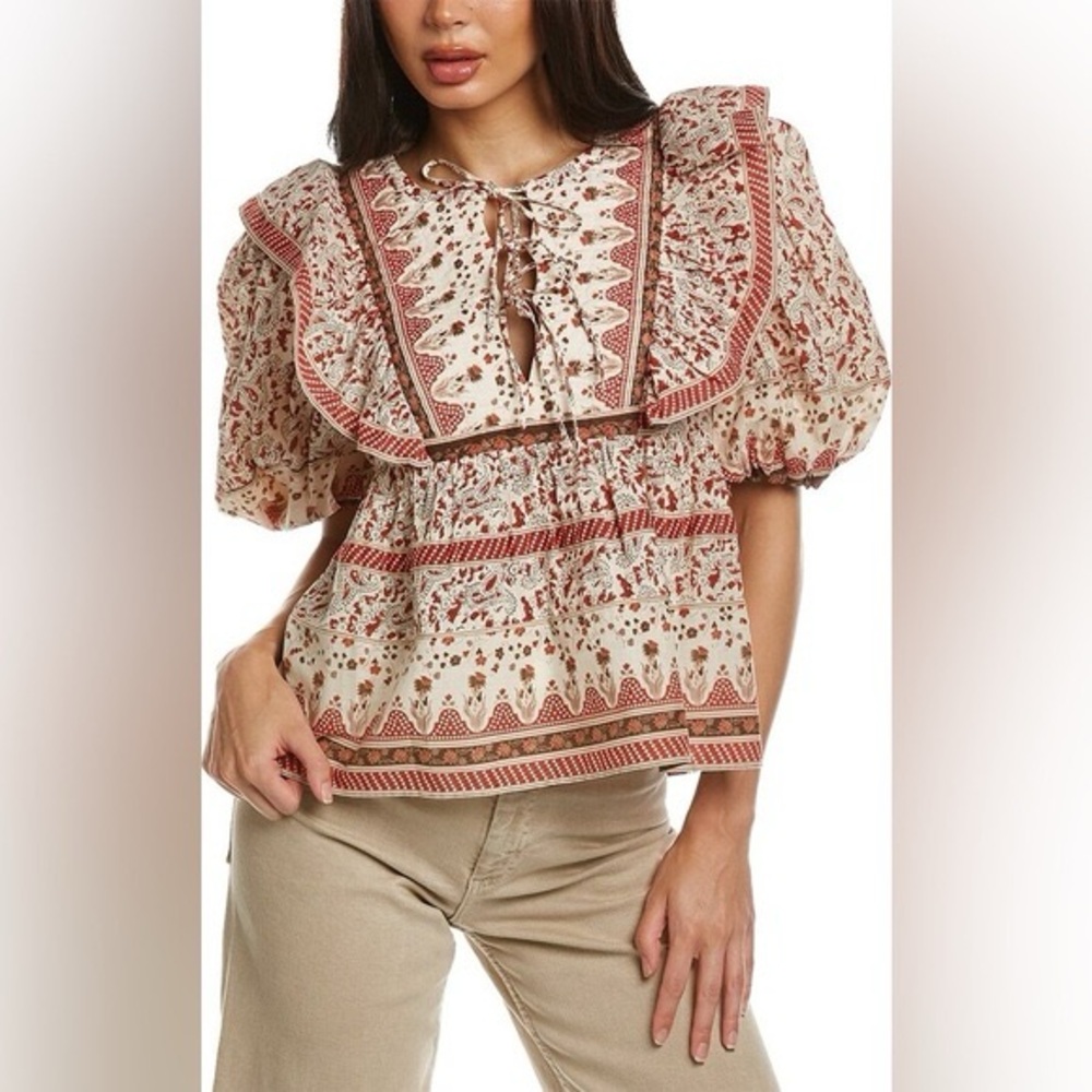 NWT,Calypso St Barth,Quilted Bib-Front Boho Folk Print Cotton Blouse,Size M